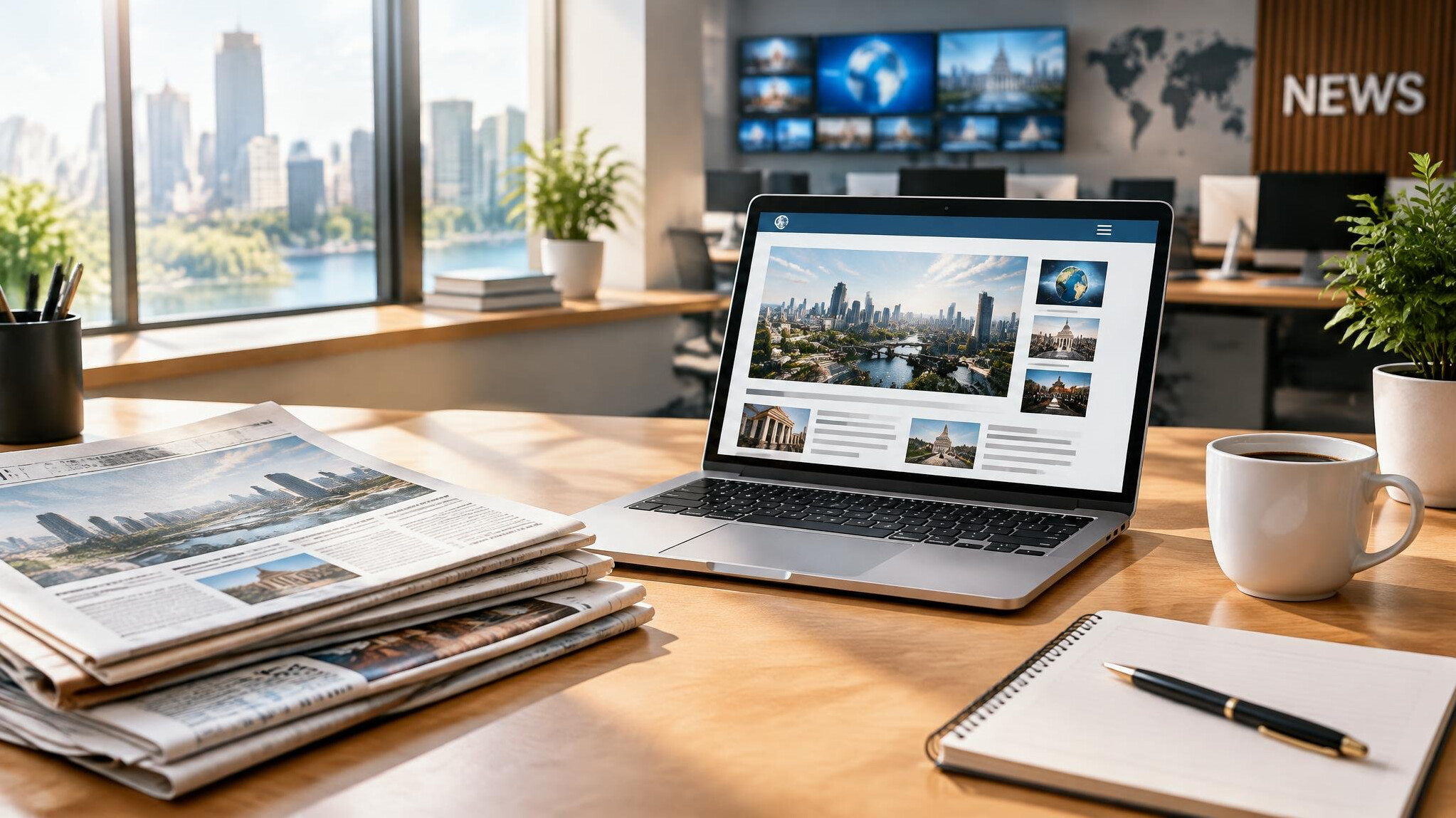 Newsroom desk with newspapers and a laptop